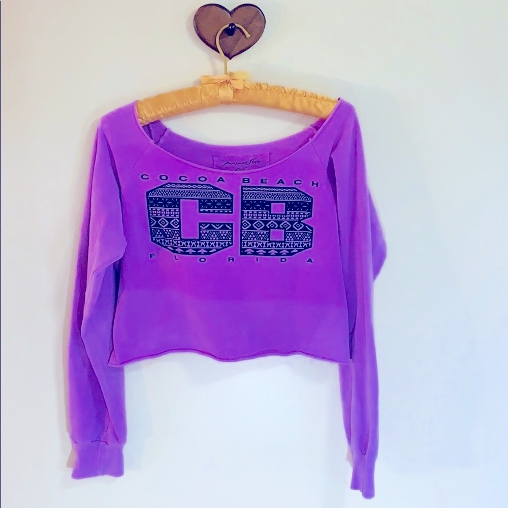 Miami Style | Cocoa Beach Florida  Purple Crop Sweater Cut Off Long Sleeve Boho